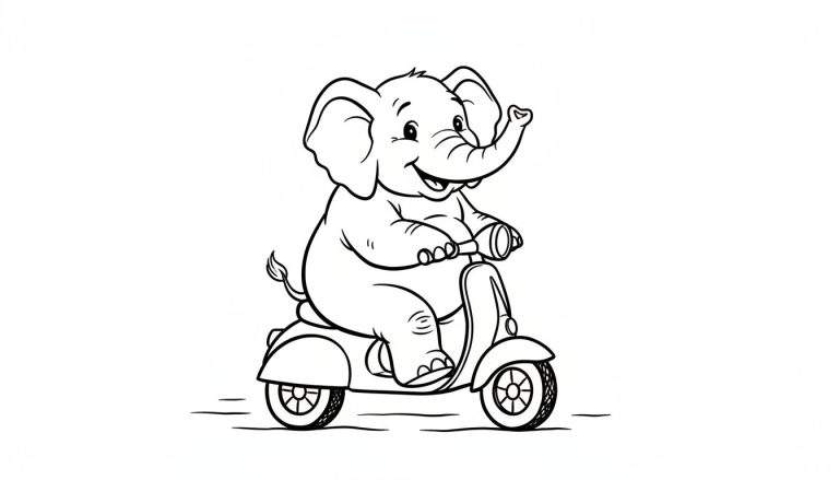 Zwart-wit tekening van een blije cartoon olifant met grote oren, die op een retro scooter rijdt met bewegingsstreepjes onder de wielen.