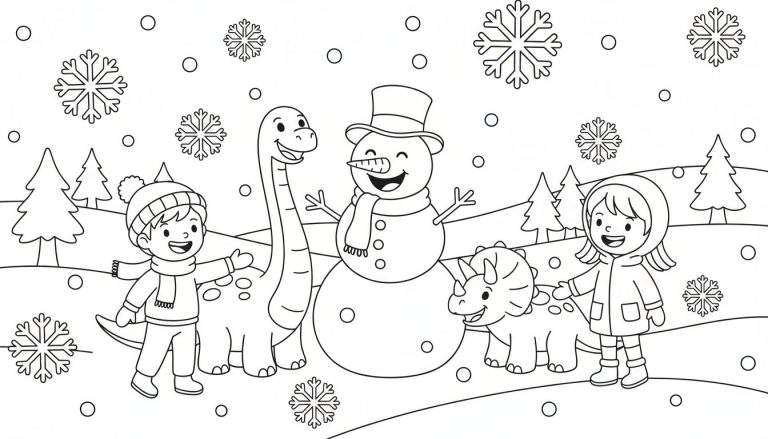 Kleurplaat met twee lachende kinderen in winterkleding, een langnek dinosaurus, een triceratops, een sneeuwpop, sneeuwvlokken en dennenbomen.