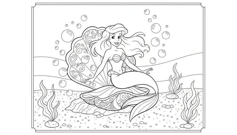 Zwart-wit lijntekening van een glimlachende zeemeermin met golvend haar en een schelpenbeha, zittend in een grote, sierlijke schelp. Luchtbellen, zeewier en steentjes op de zeebodem, omkaderd door een decoratieve rand.