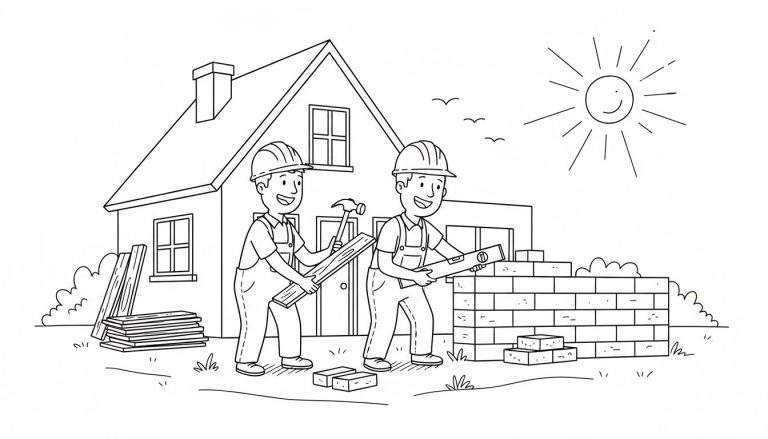 Kleurplaat van twee lachende bouwvakkers die een huis bouwen, met een zon en vogels in de lucht.