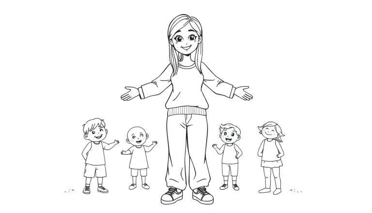 Zwart-wit tekening van een lachende vrouw met uitgestrekte armen, omringd door vier lachende kinderen van verschillende leeftijden.