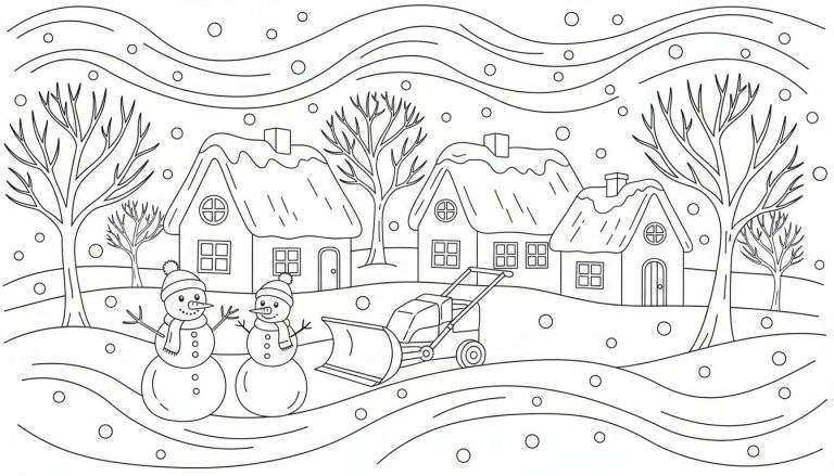 Kleurplaat van een gezellig winterlandschap met vallende sneeuw, drie huizen, kale bomen, twee sneeuwpoppen en een sneeuwruimer op besneeuwde heuvels.