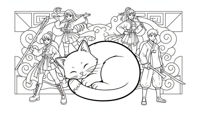 Zwart-wit anime kleurplaat van een grote, slapende kat omringd door vier jonge figuren in Hanbok-achtige kleding: een meisje met een speer, een dansend meisje met een belletje, een meisje met een fluit, en een jongen met twee zwaarden. Sierlijke wolken op de achtergrond.