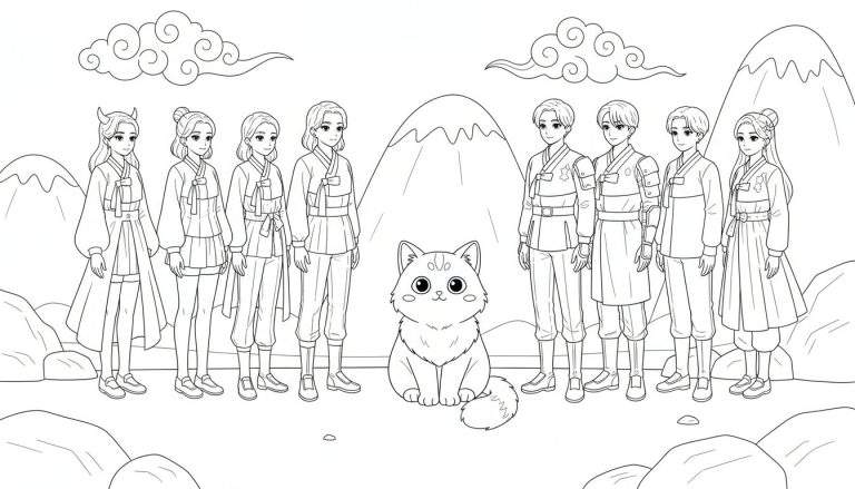 Zwart-wit lijntekening voor een kleurplaat, met negen menselijke figuren in traditionele Aziatische kleding (Hanbok-stijl), een grote schattige kat op de voorgrond, en een achtergrond van bergen en gestileerde krulwolken.