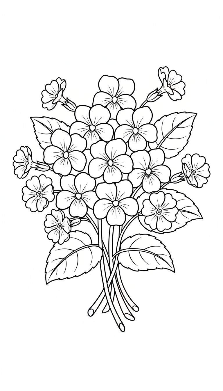 Zwart-wit lijntekening van een gedetailleerd boeket bloemen met vijf bloemblaadjes, bladeren en gebundelde stengels, klaar om ingekleurd te worden.