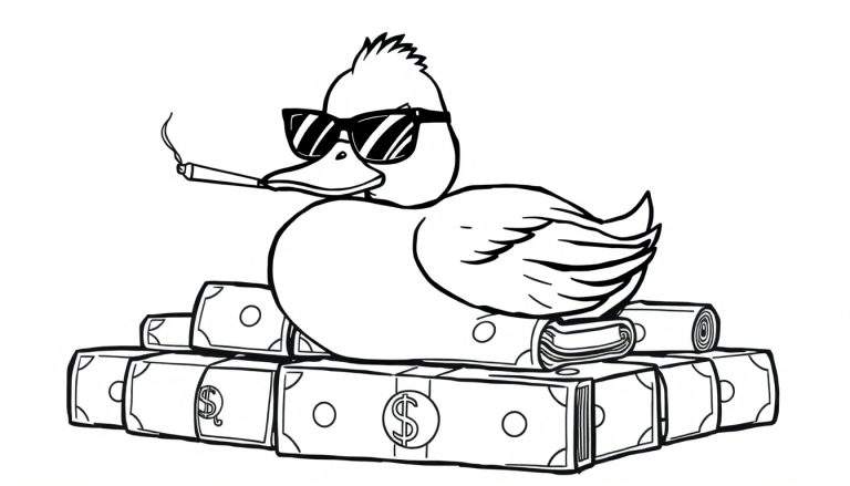 Zwart-wit cartoon kleurplaat van een eend met zonnebril en een sigaret, zittend op een grote stapel geld met dollartekens.