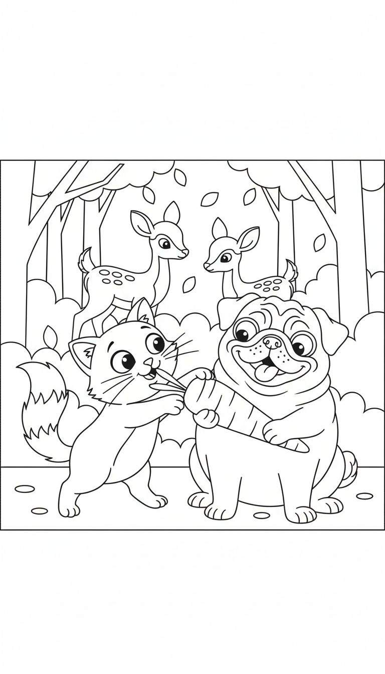 Een zwart-wit tekening van een schattige kat die een wortel aanbiedt aan een lachende mopshond in een bos, met twee reekalfjes op de achtergrond.