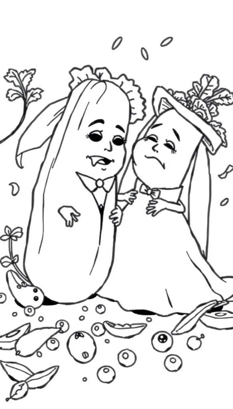 Zwart-wit lijntekening van twee antropomorfe fruit- of groentepersonages in feestelijke kleding, mogelijk een bruiloft, met omgeving van fruit, groenten en zaadjes. Links een lange, slanke figuur met vampiertanden en sluier, rechts een kortere, ronde figuur die huilt. Kleurplaat.