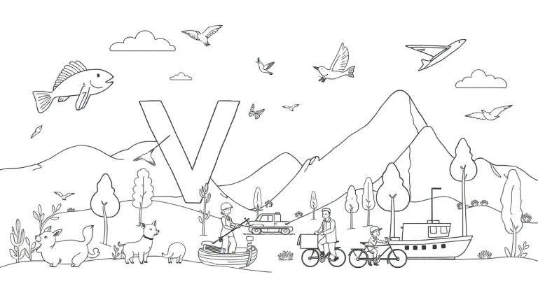 Kleurplaat van een grote letter V in een landschap met bergen, bomen, vogels, een vlinder, een vliegtuig, een vis, hondjes, een zwijn, een roeiboot, een auto, fietsers en een boot.