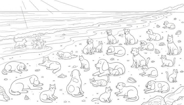 Kleurplaat van een zonnig strand met diverse honden en katten die spelen, slapen en genieten van de zee.