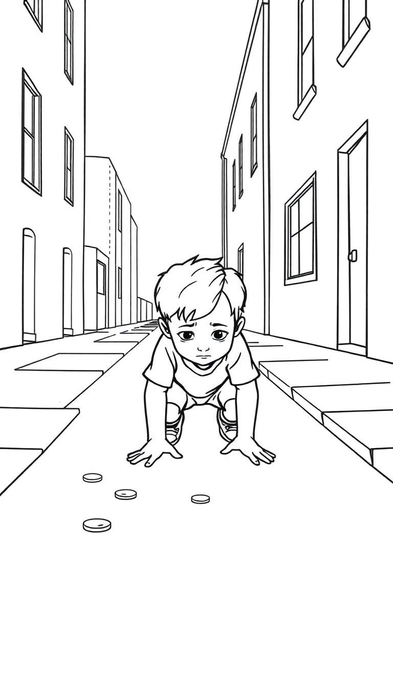 Zwart-wit lijntekening van een jongetje dat verdrietig kijkt terwijl hij gehurkt op een straat zit, met kleine ronde voorwerpen voor zich.