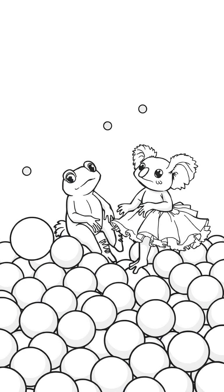 Kleurplaat met een kikker en een koala in een ballenbak. De koala draagt een tutu en kijkt verlegen, de kikker kijkt serieus omhoog.