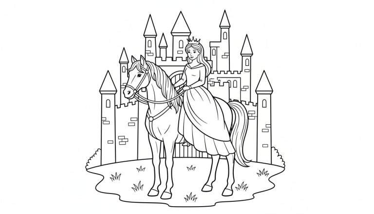 Kleurplaat van een glimlachende prinses met kroon en lange jurk op een paard, voor een groot kasteel.