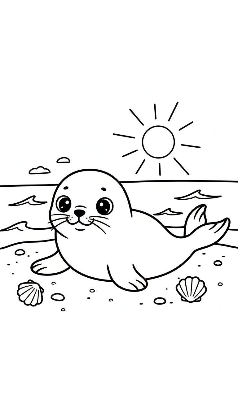 Kleurplaat van een schattig zeehondje op het zand, met de zee, golven en zon op de achtergrond. Twee schelpen liggen naast het zeehondje.