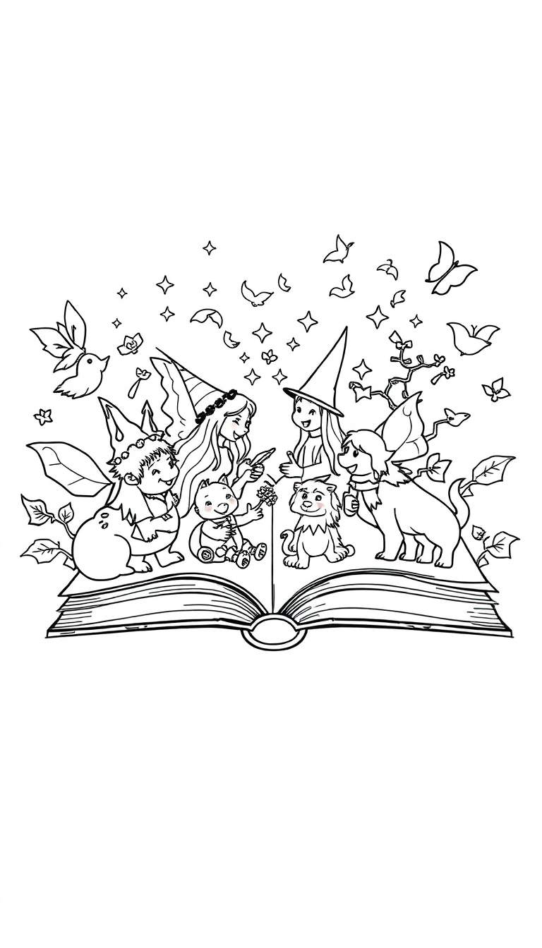 Zwart-wit lijntekening van een magische scène met een open boek, elfjes, kabouters, een leeuwtje, een hondje met vleugels, en zwevende sterren, vlinders en bloemen.