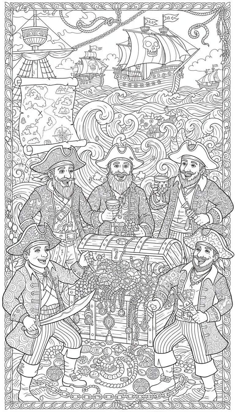 Gedetailleerde kleurplaat met piraten, schepen en schatten. Piraten vieren hun buit, omringd door goud en juwelen. Schepen varen op hoge golven.